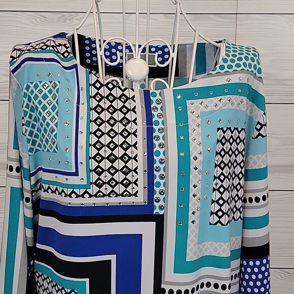 JM Collection tunic top silver stud embellishments- blue Women's Size M - Picture 2 of 10